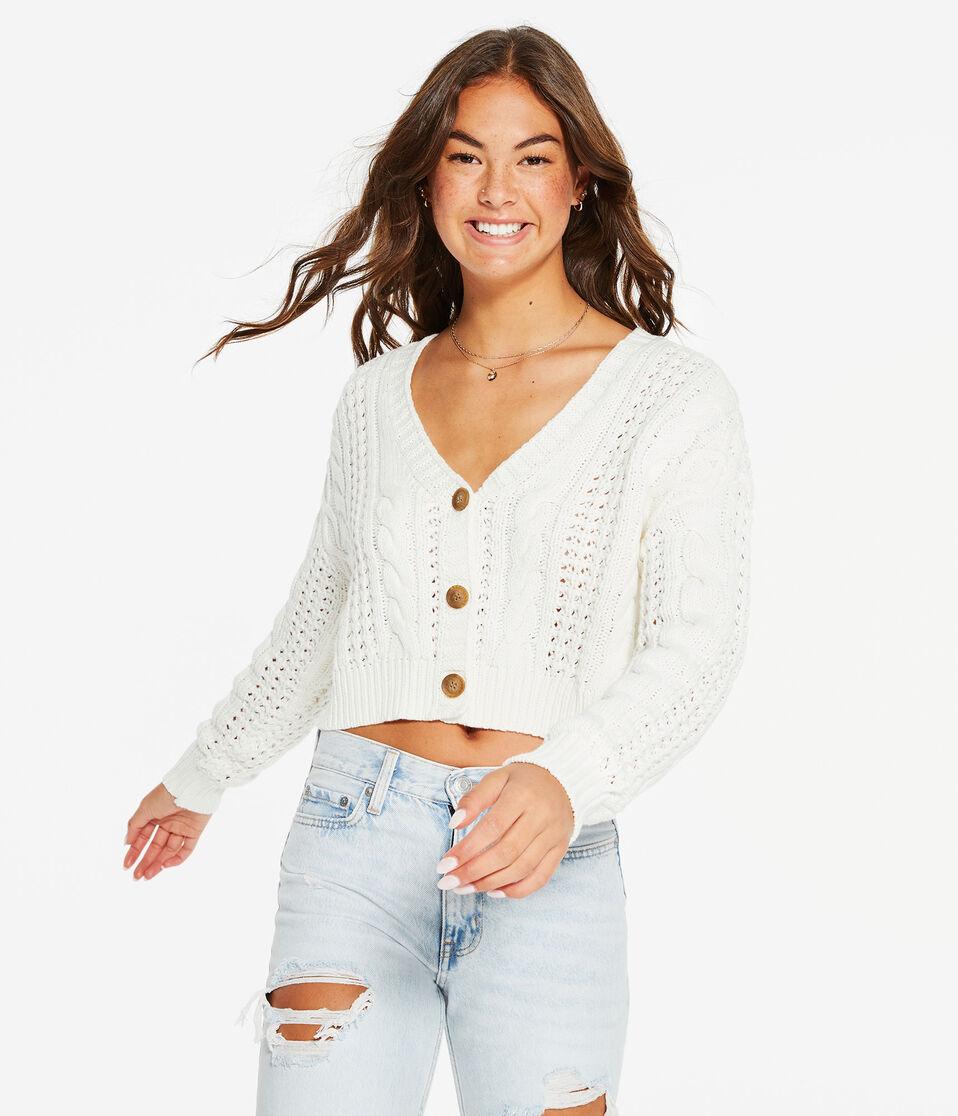 aéropostale Cable-Knit V-Neck Cardigan cream