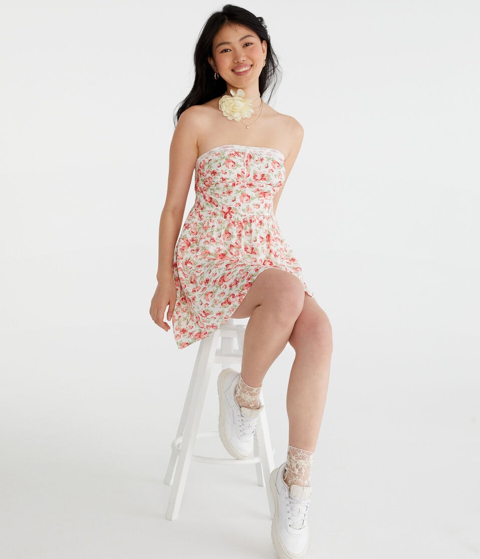 Aéropostale Floral Strapless Fit & Flare Dress Cream