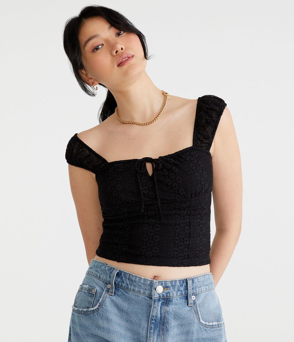 aéropostale Lace Square-Neck Crop Top black fox