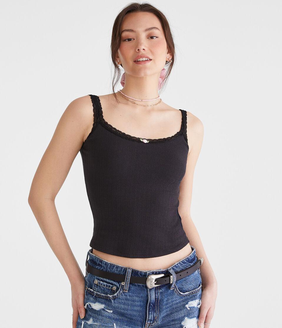 Aéropostale Pointelle Lace-Trim Cami Black