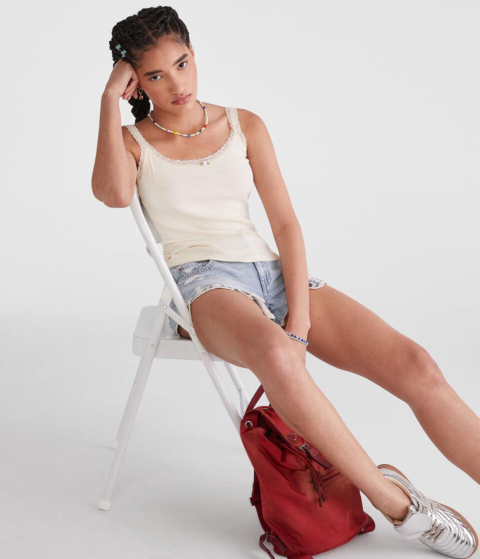 Aéropostale Pointelle Lace-Trim Cami Soft Cream
