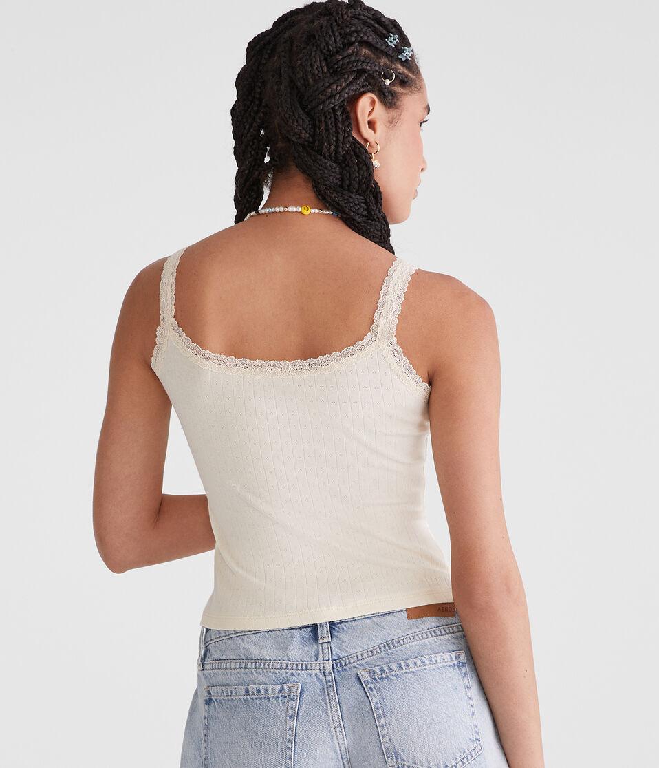 Aéropostale Pointelle Lace-Trim Cami Soft Cream