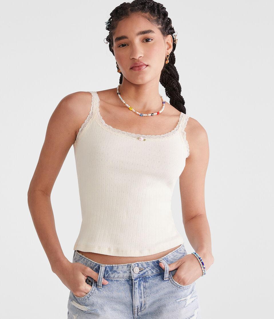 Aéropostale Pointelle Lace-Trim Cami Soft Cream