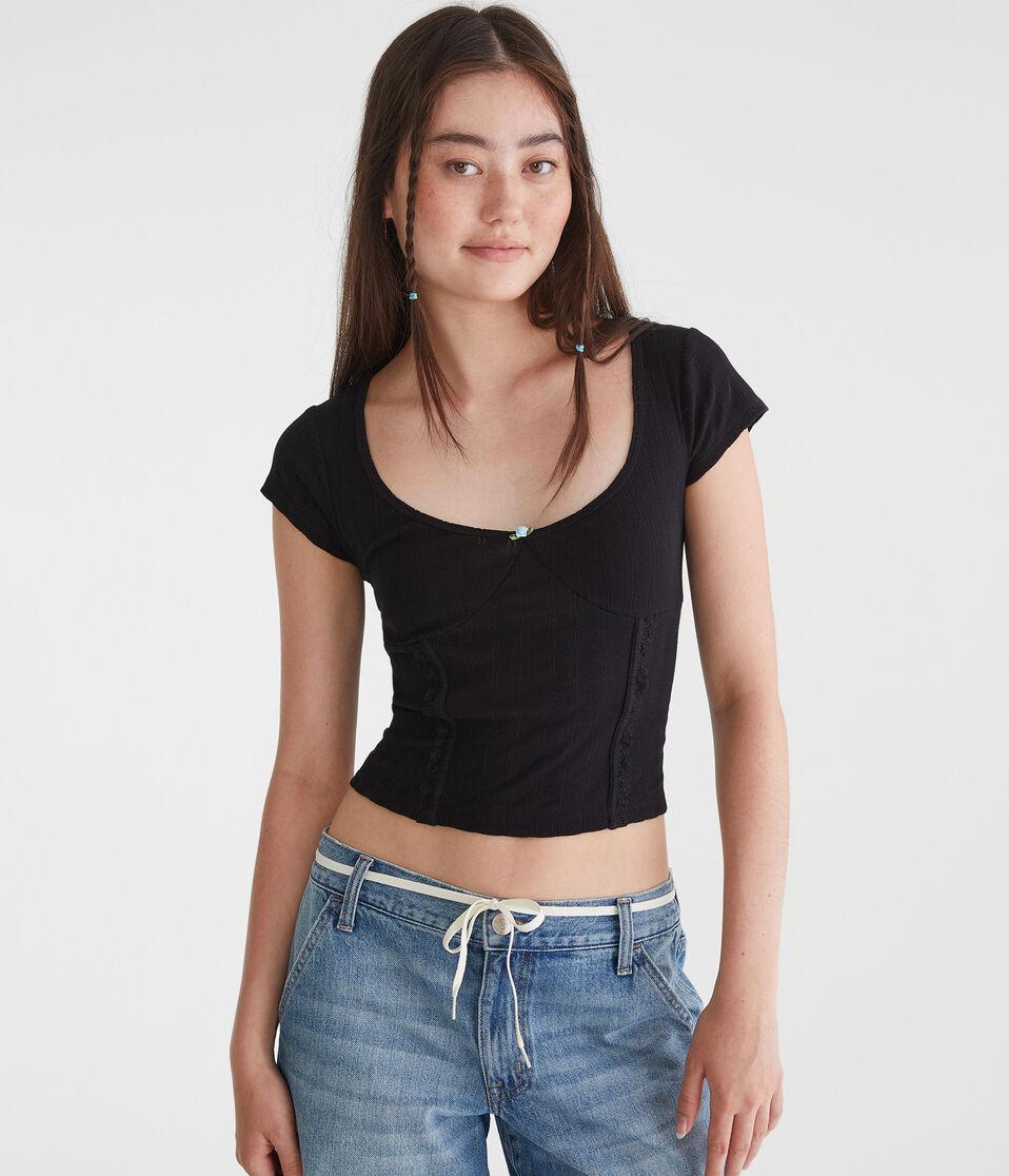 Aéropostale Pointelle Scoop-Neck Top Black Fox