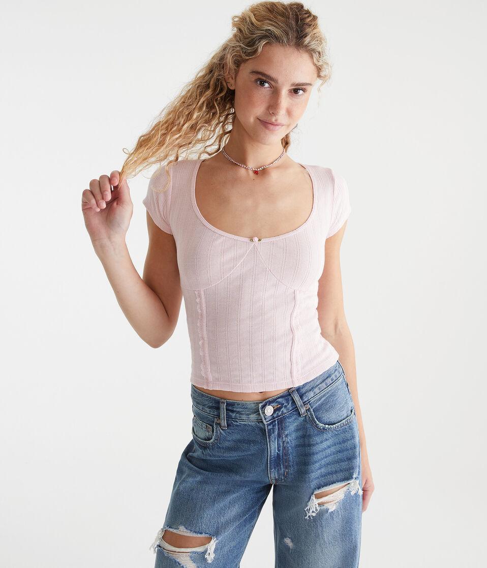 Aéropostale Pointelle Scoop-Neck Top Peach Whip