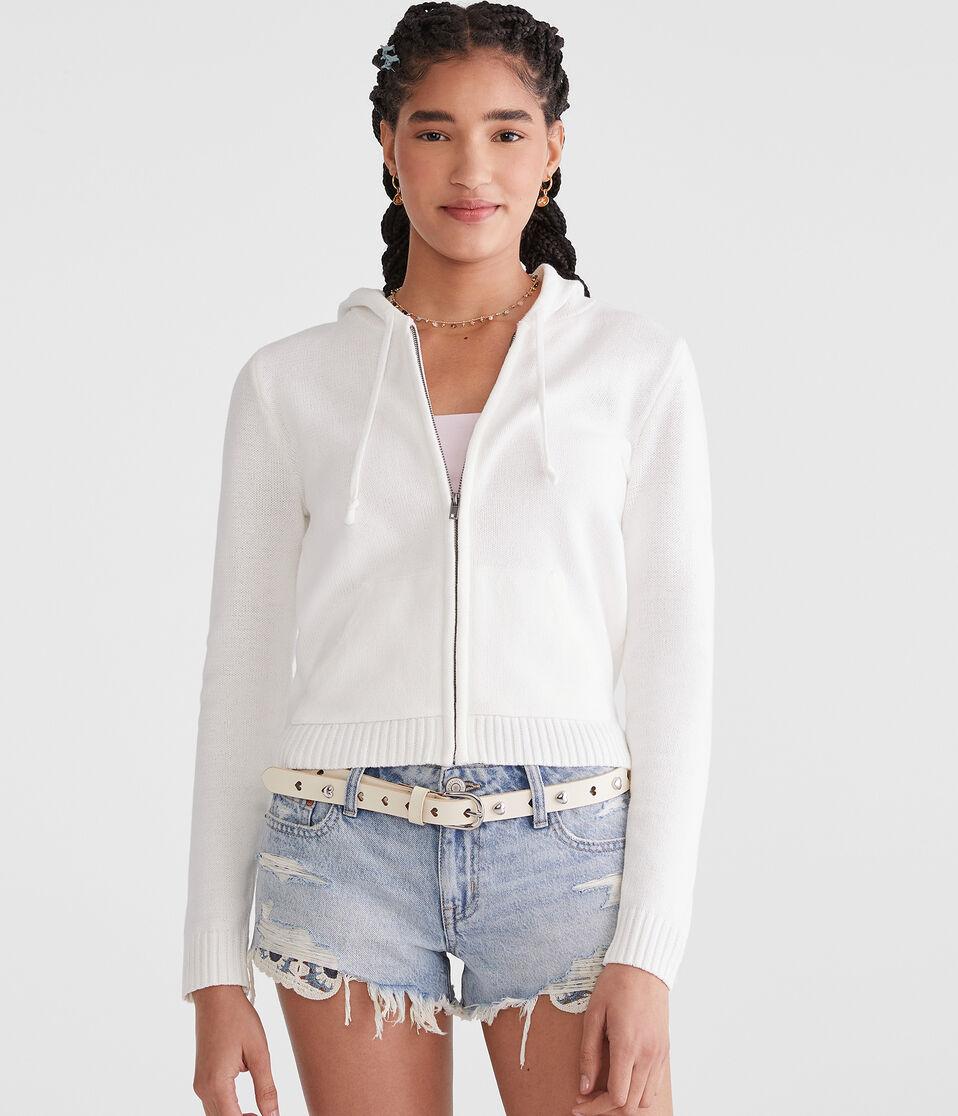 Aéropostale Solid Full-Zip Hooded Sweater Gardenia