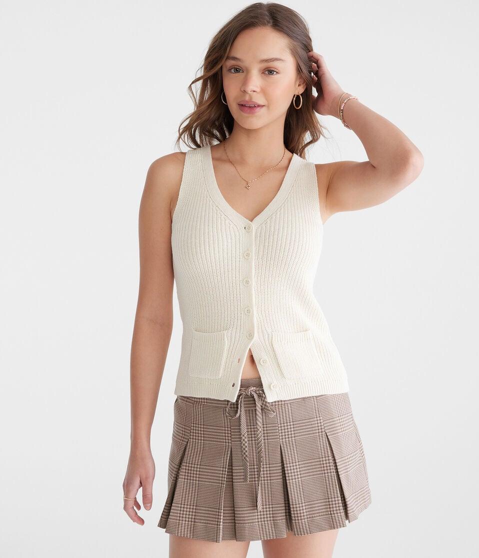 Aéropostale Solid V-Neck Sweater Vest Cream