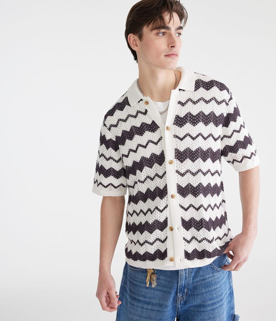 Aéropostale Chevron Crocheted Buttoned Sweater Polo Academy Grey