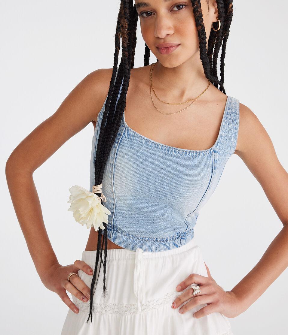 Aéropostale Denim Square-Neck Corset Tank Medium Wash