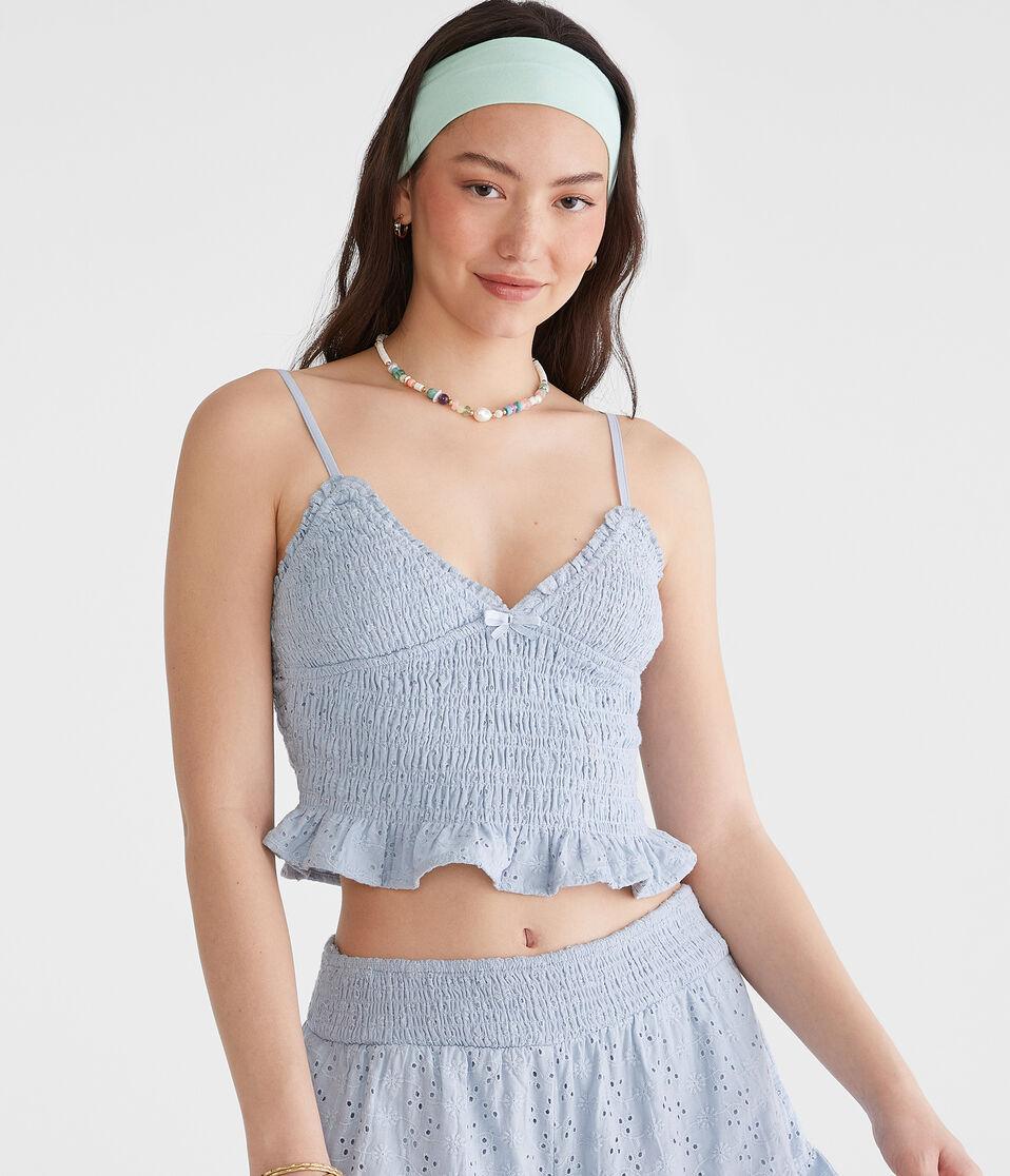 Aéropostale Eyelet Smocked V-Neck Crop Top Moonshade