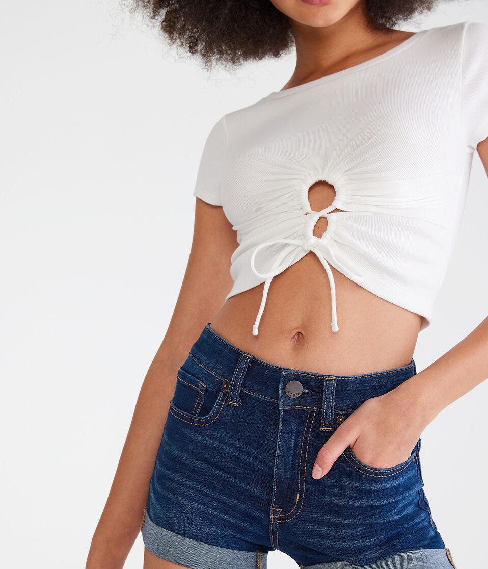 aéropostale Flex Effects High-Rise Denim Midi Shorts dark wash