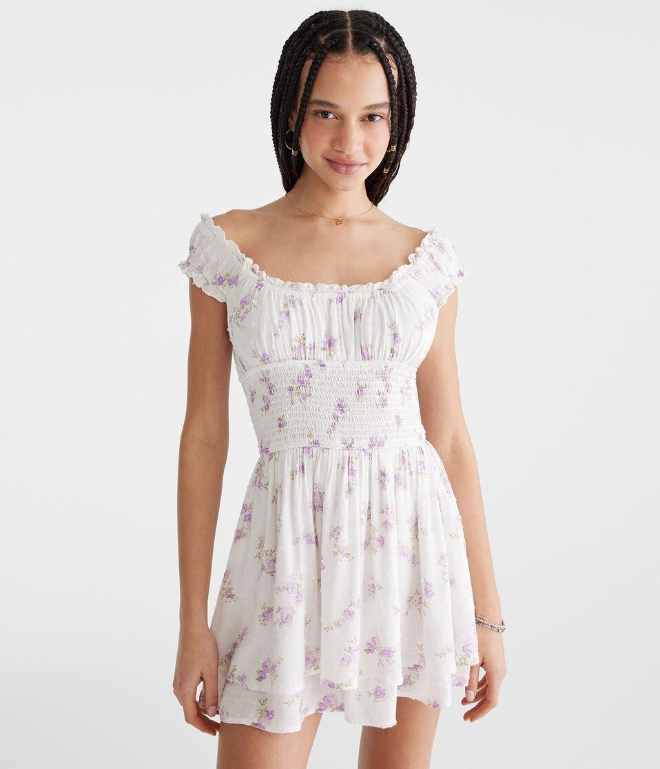 aéropostale Floral Clip Dot Off-The-Shoulder Romper cream