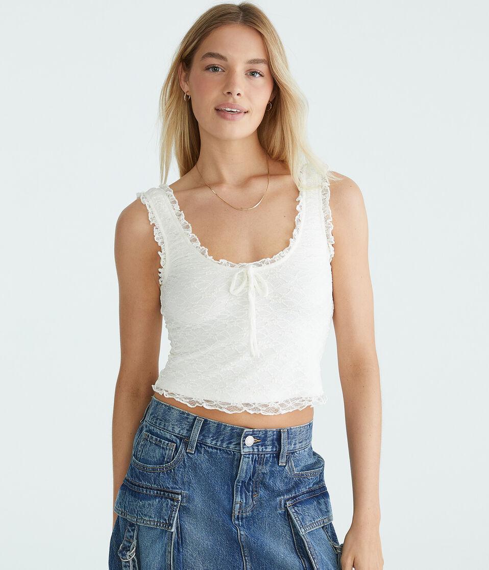 aéropostale Floral Lace Scoop-Neck Cropped Tank cream