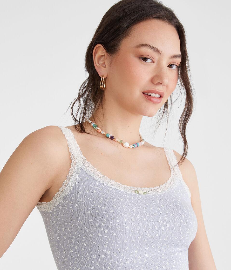 Aéropostale Floral Pointelle Lace-Trim Cami Spirit Blue