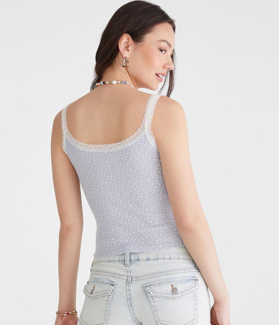 Aéropostale Floral Pointelle Lace-Trim Cami Spirit Blue