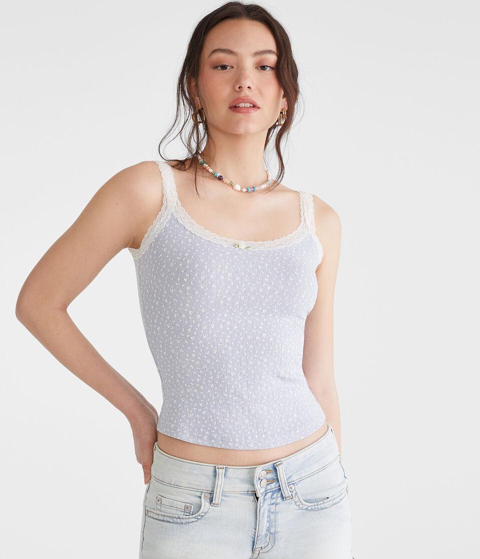 aéropostale Floral Pointelle Lace-Trim Cami spirit blue