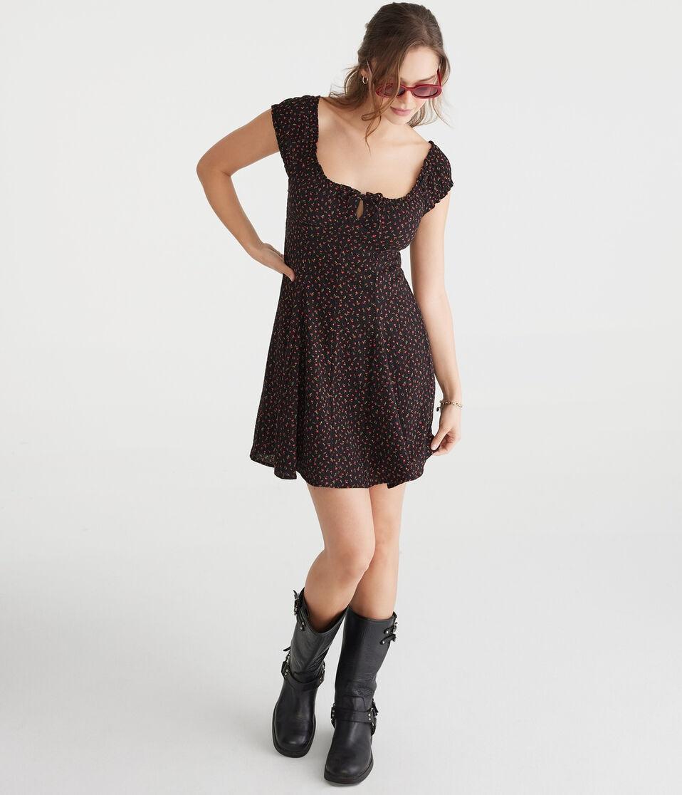 Aéropostale Floral Scoop-Neck A-Line Mini Dress Black Fox