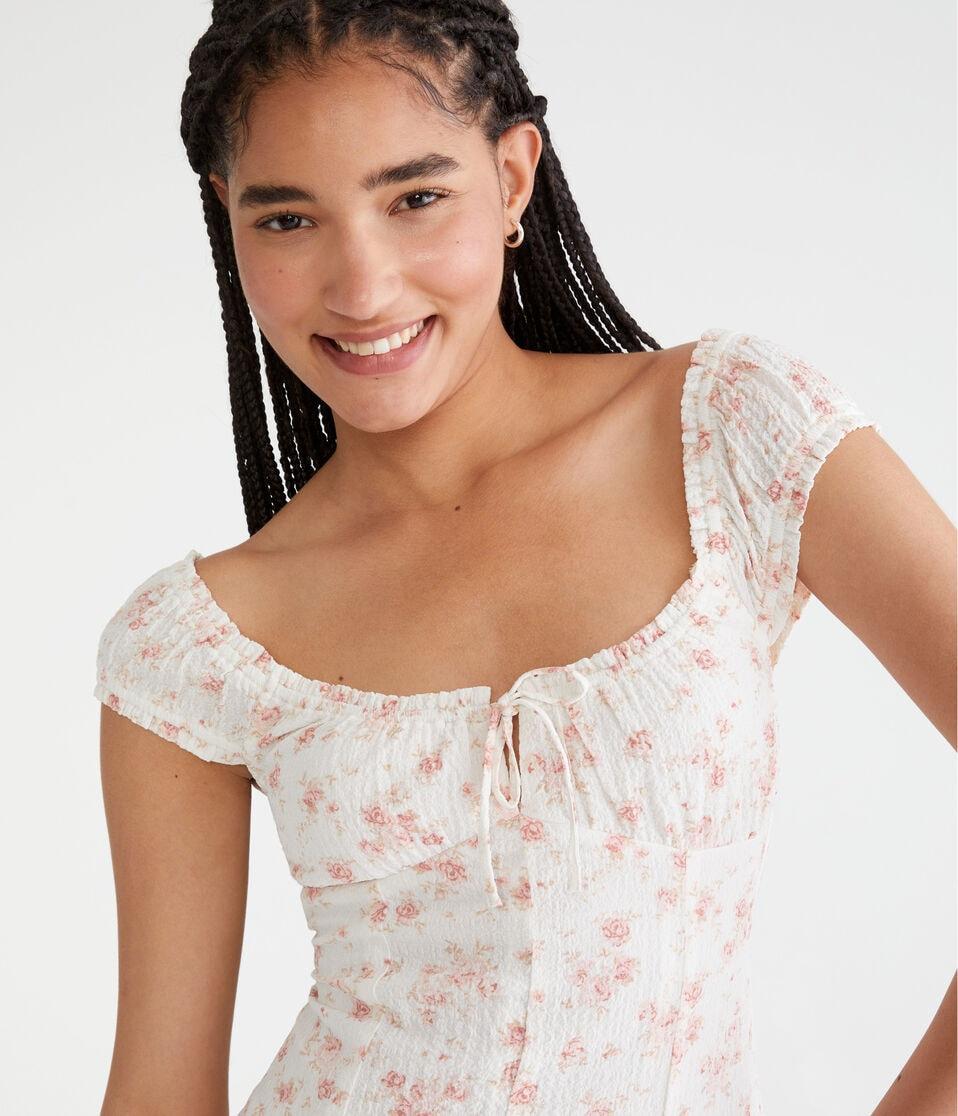 Aéropostale Floral Scoop-Neck A-Line Mini Dress Cream