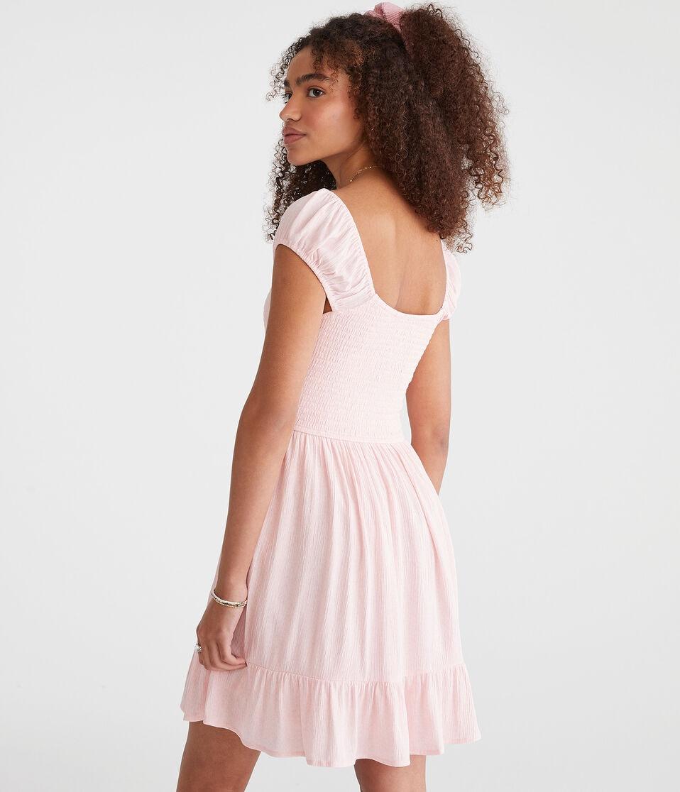 Aéropostale Floral Scoop-Neck Smocked V-Waist Mini Dress Dainty Pink