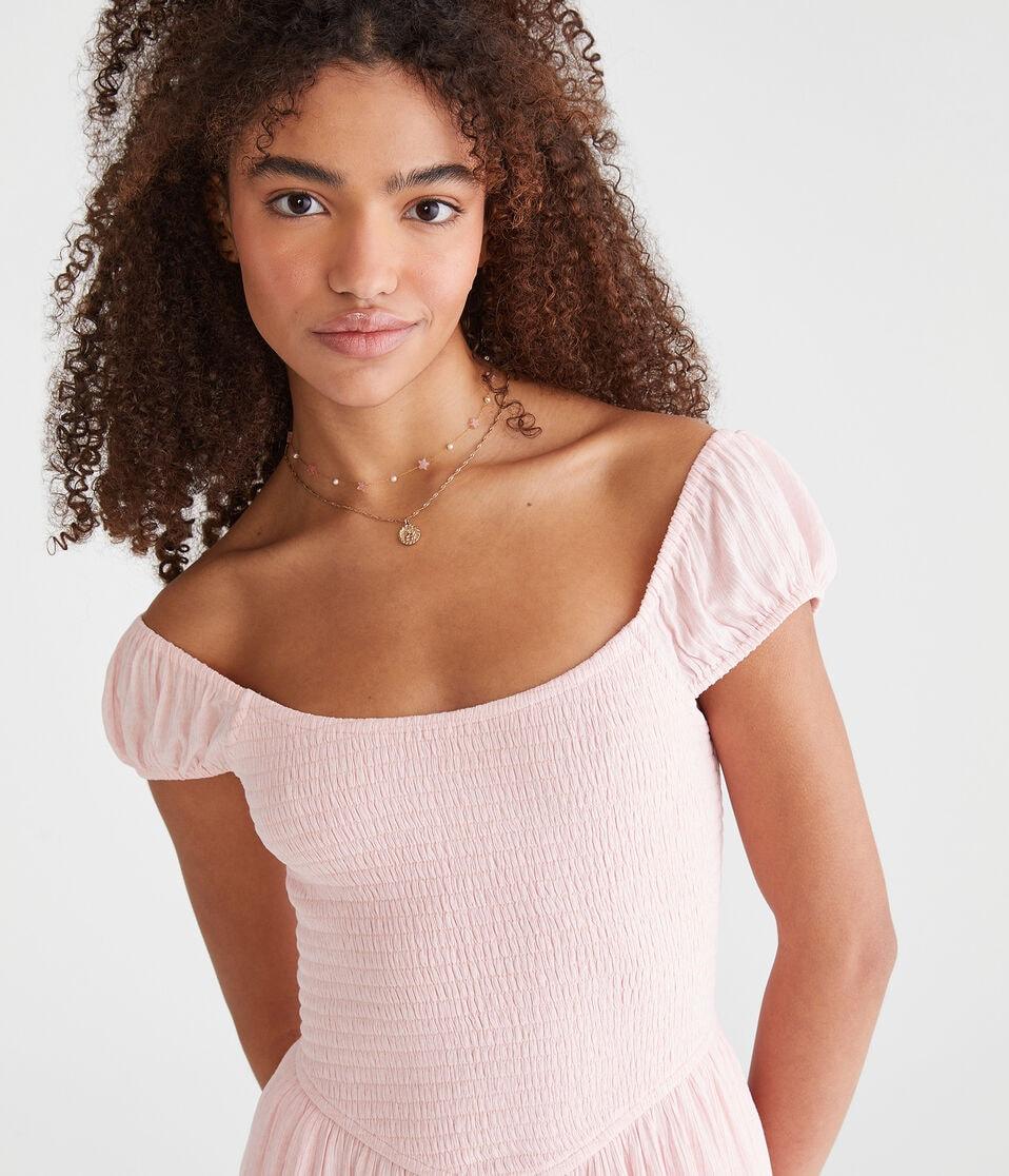 Aéropostale Floral Scoop-Neck Smocked V-Waist Mini Dress Dainty Pink
