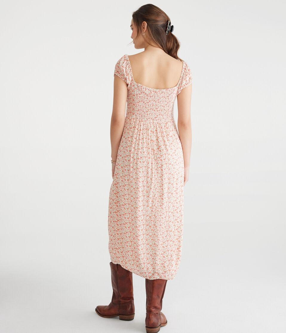 Aéropostale Floral Scoop-Neck Tie-Front Midi Dress Soft Cream