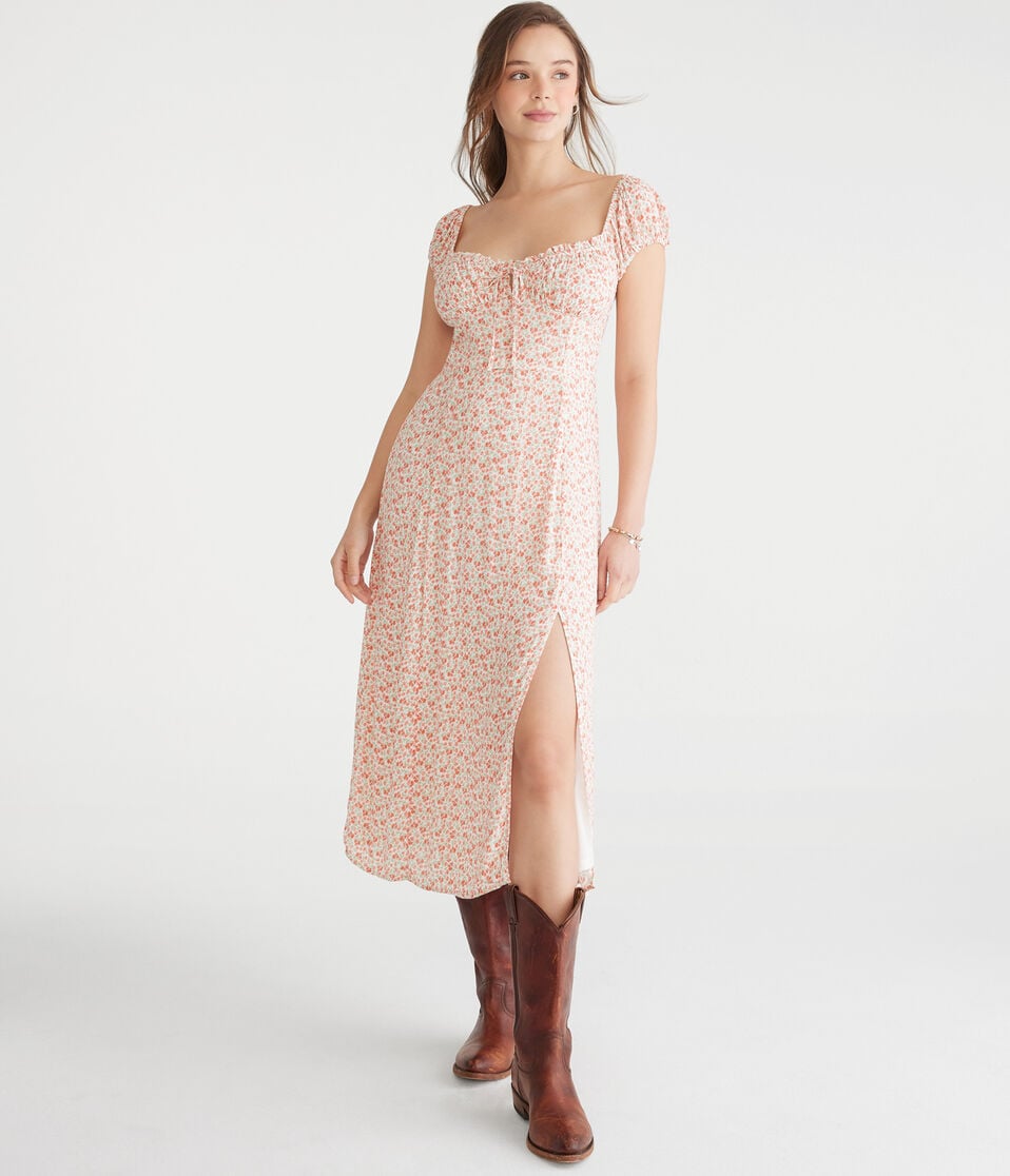 aéropostale Floral Scoop-Neck Tie-Front Midi Dress soft cream
