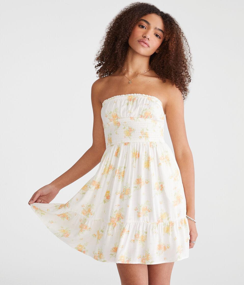 aéropostale Floral Strapless Fit & Flare Mini Dress cream