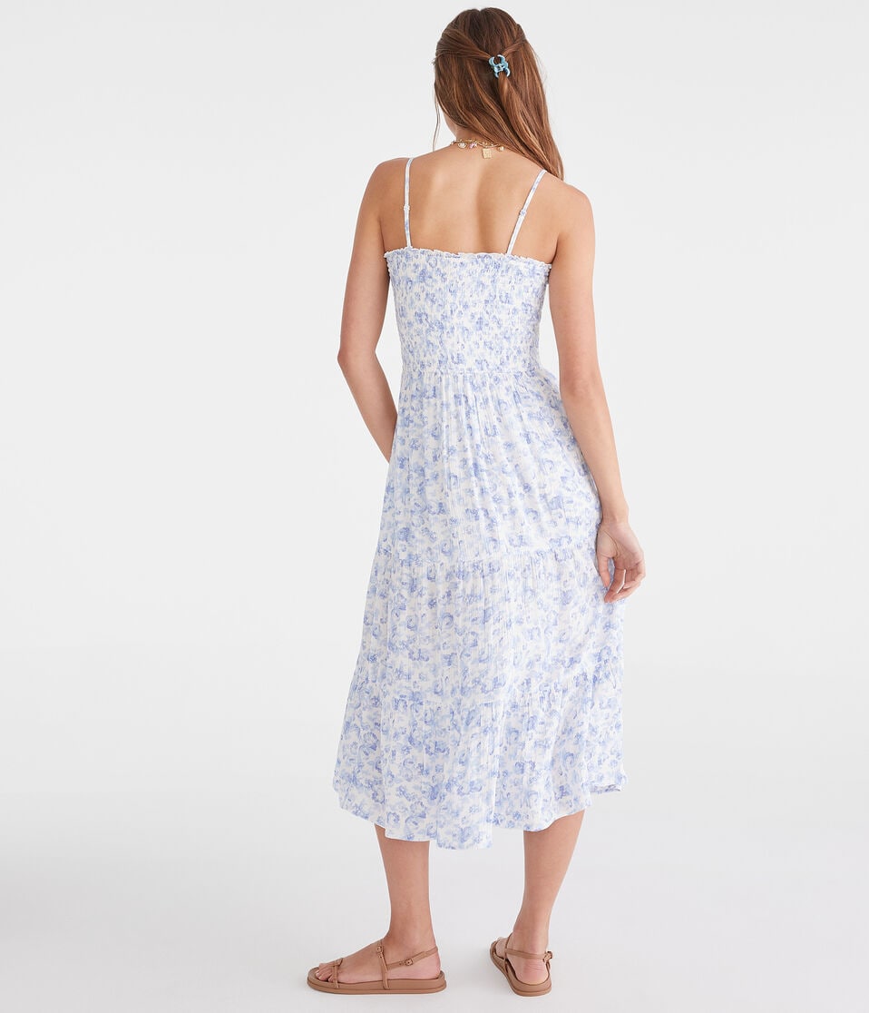 Aéropostale Floral Strapless Smocked Maxi Dress Blue Tint