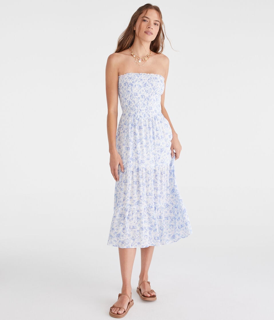 aéropostale Floral Strapless Smocked Maxi Dress blue tint