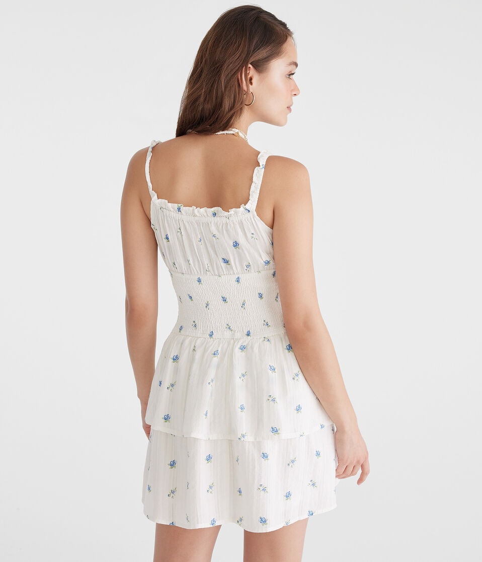 Aéropostale Floral V-Neck Smocked Waist Mini Dress Blue Haze
