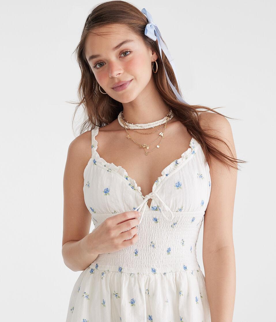 Aéropostale Floral V-Neck Smocked Waist Mini Dress Blue Haze