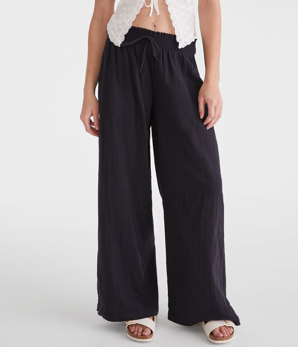 Aéropostale Gauze Wide Leg Drawstring Pants Black Fox