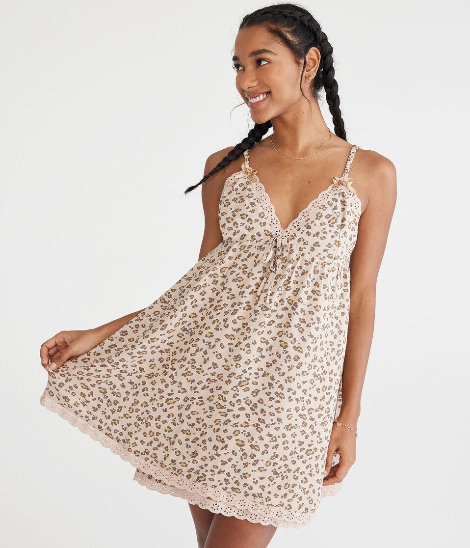 aéropostale Leopard Print V-Neck Babydoll Dress light brown