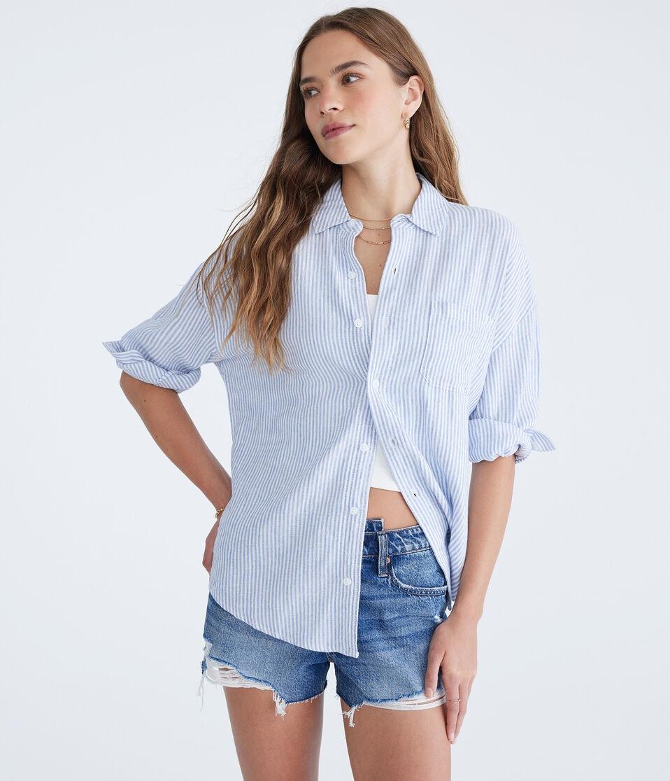 Aéropostale Long Sleeve Striped Linen Shirt Colony Blue