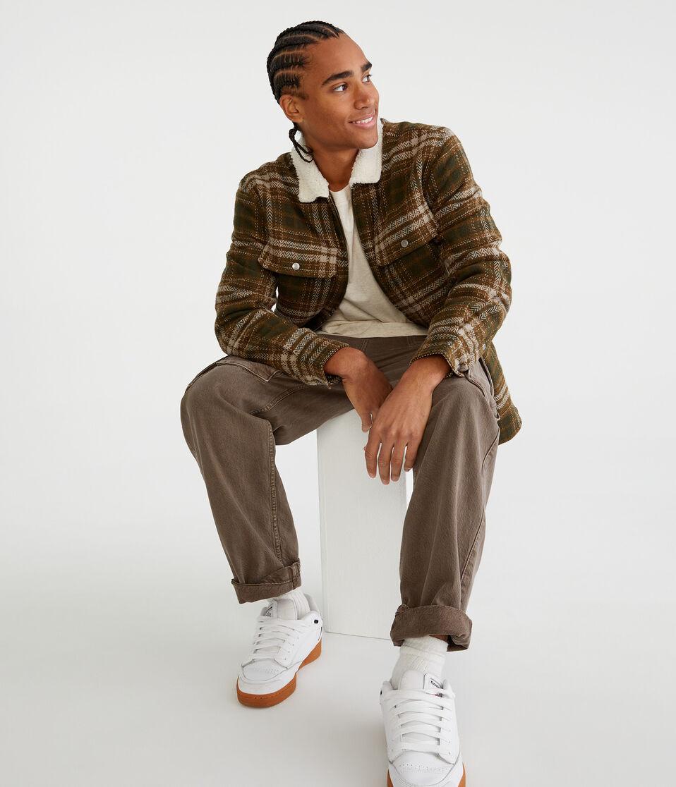 Aéropostale Plaid Sherpa-Lined Full-Zip Shacket Eucalyptus