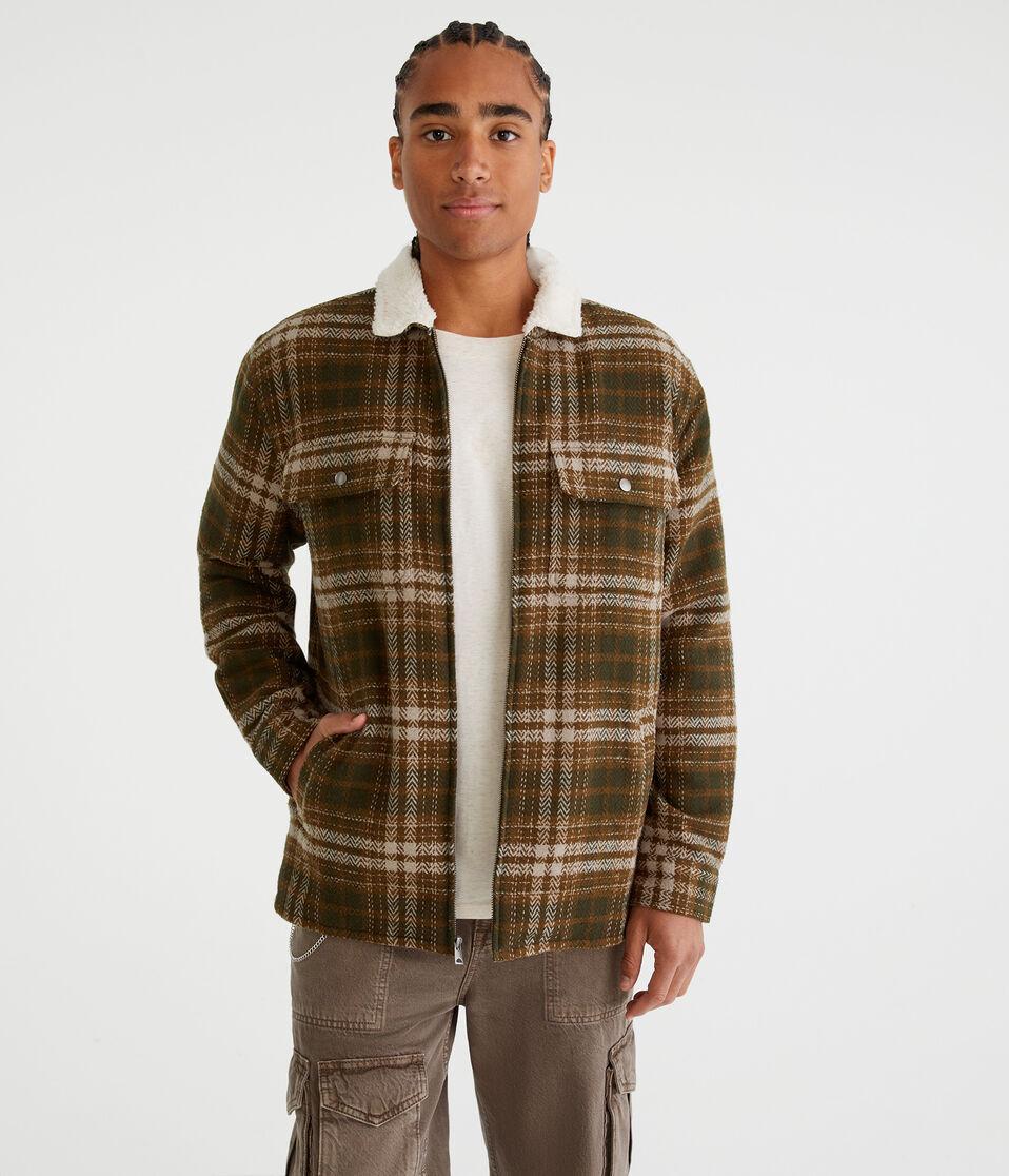aéropostale Plaid Sherpa-Lined Full-Zip Shacket eucalyptus