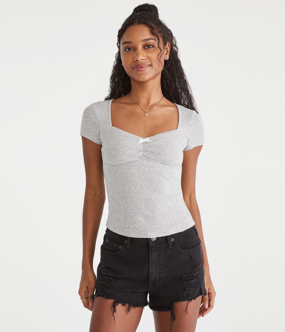 Aéropostale Pointelle Cinch V-Neck Top Light Heather Grey