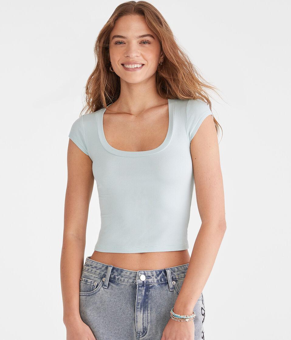 aéropostale Seriously Soft Ribbed Scoop-Neck Baby Tee blue haze