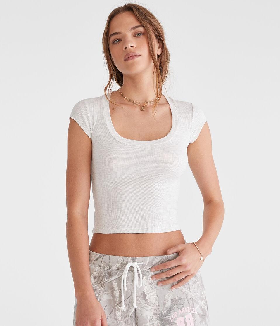 aéropostale Seriously Soft Ribbed Scoop-Neck Baby Tee lightest heather grey