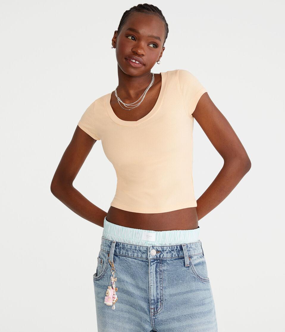 aéropostale Seriously Soft Ribbed V-Neck Baby Tee fresco cream