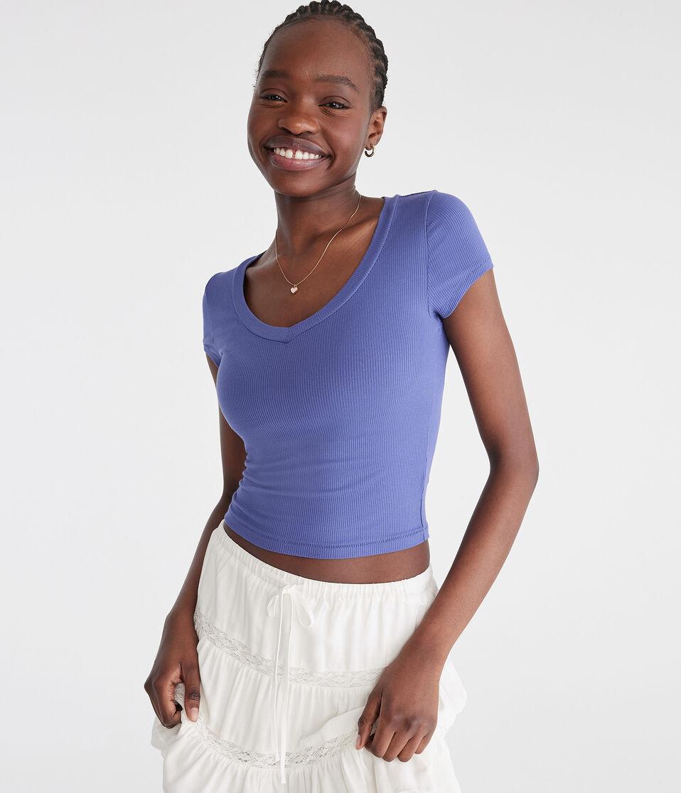 Aéropostale Seriously Soft Ribbed V-Neck Baby Tee Grecian Blue