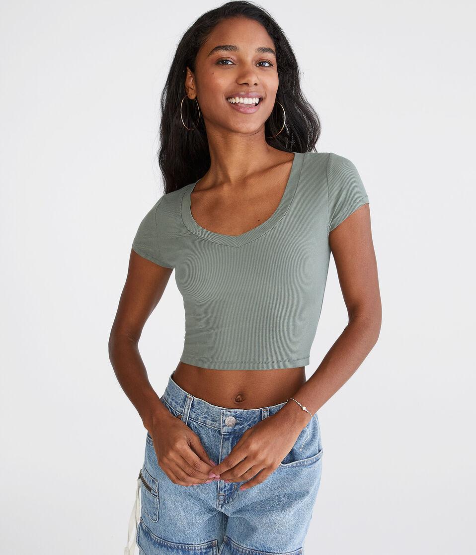 aéropostale Seriously Soft Ribbed V-Neck Baby Tee olive cloud