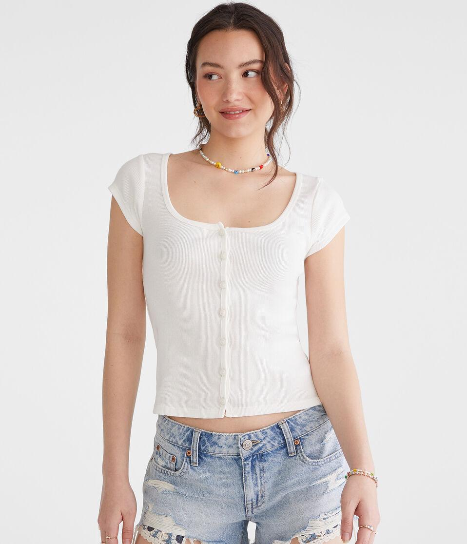 Aéropostale Seriously Soft Scoop-Neck Button-Front Tee Cream