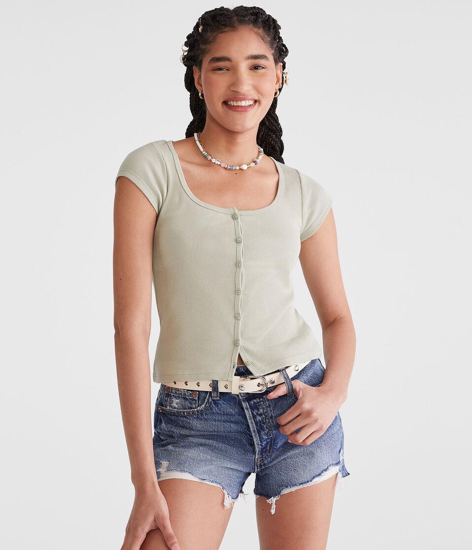 Aéropostale Seriously Soft Scoop-Neck Button-Front Tee Organic Olive