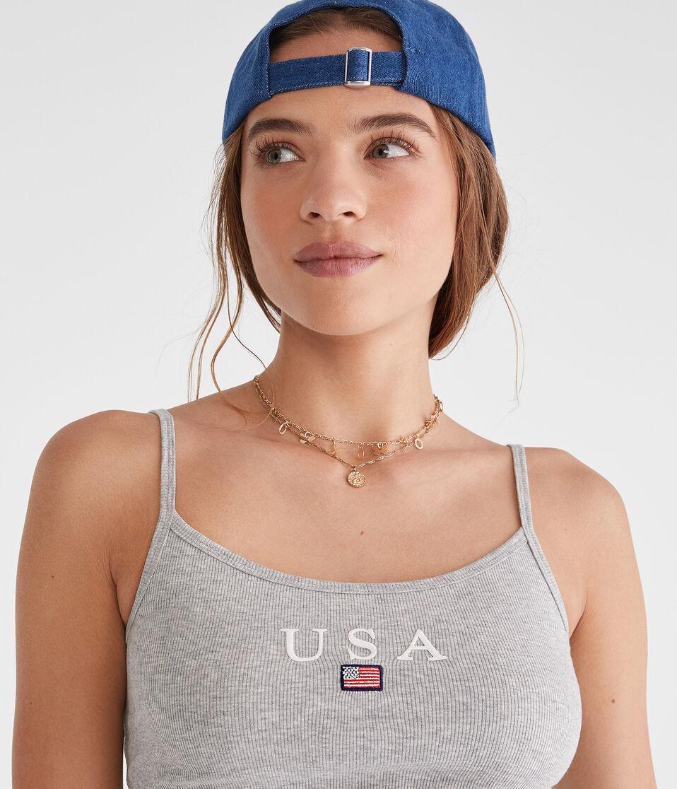 Aéropostale Seriously Soft USA Ribbed Graphic Tank Light Heather Grey