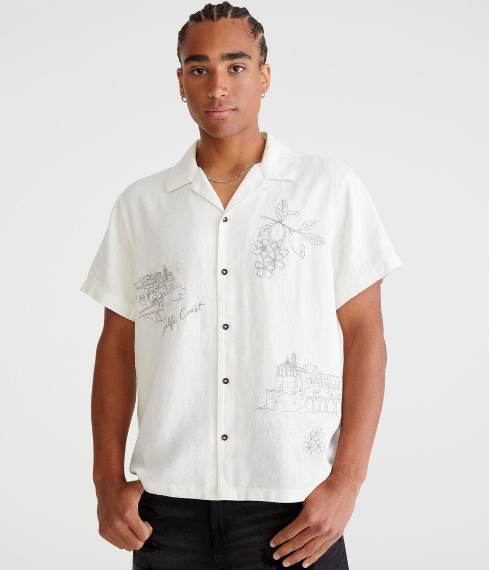 Aéropostale Short Sleeve Amalfi Coast Embroidered Linen Shirt Cream