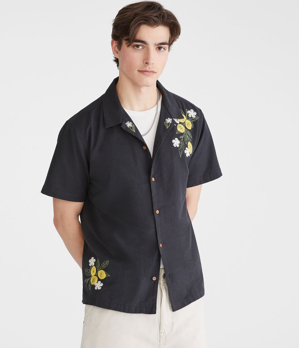 Aéropostale Short Sleeve Lemons Linen Camp Shirt Hematite