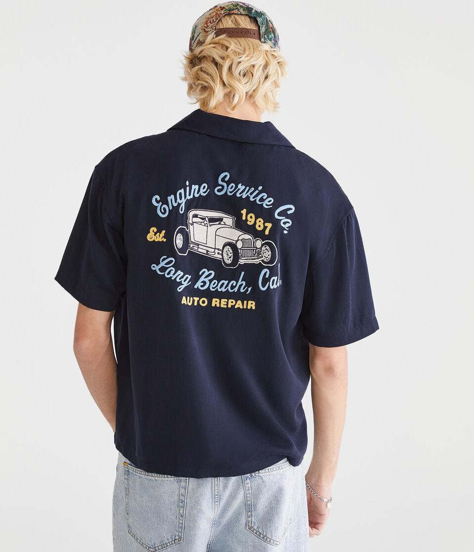 aéropostale Short Sleeve Long Beach Auto Repair Boxy Camp Shirt naval blue
