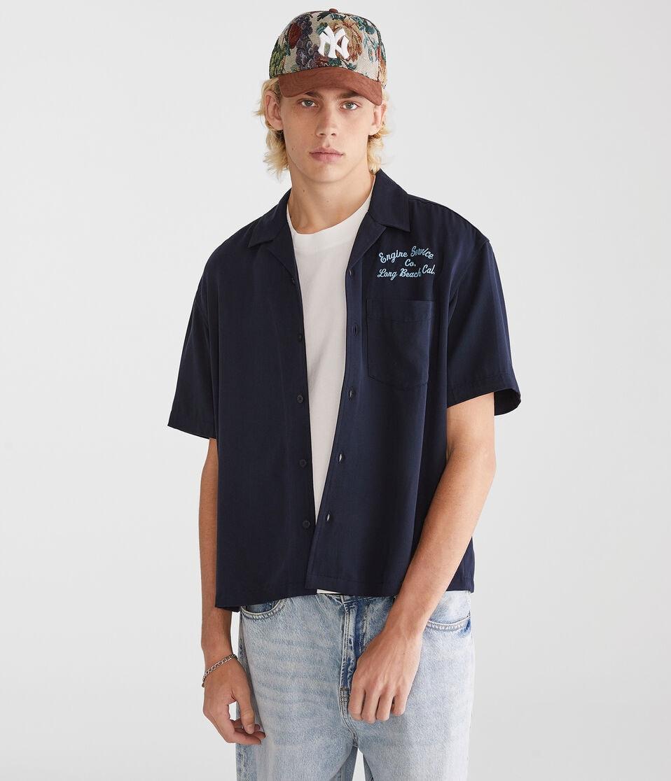 Aéropostale Short Sleeve Long Beach Auto Repair Boxy Camp Shirt Naval Blue