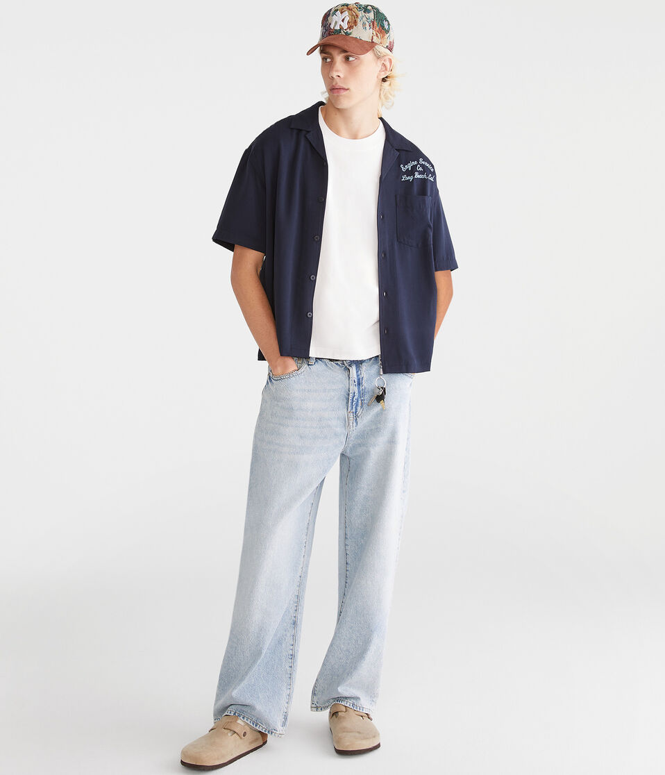 Aéropostale Short Sleeve Long Beach Auto Repair Boxy Camp Shirt Naval Blue